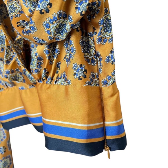 River Island Mustard Baroque Print‎ Satin Crop Top Ruffle Neckline  US 8 / UK 12 - Picture 8 of 11